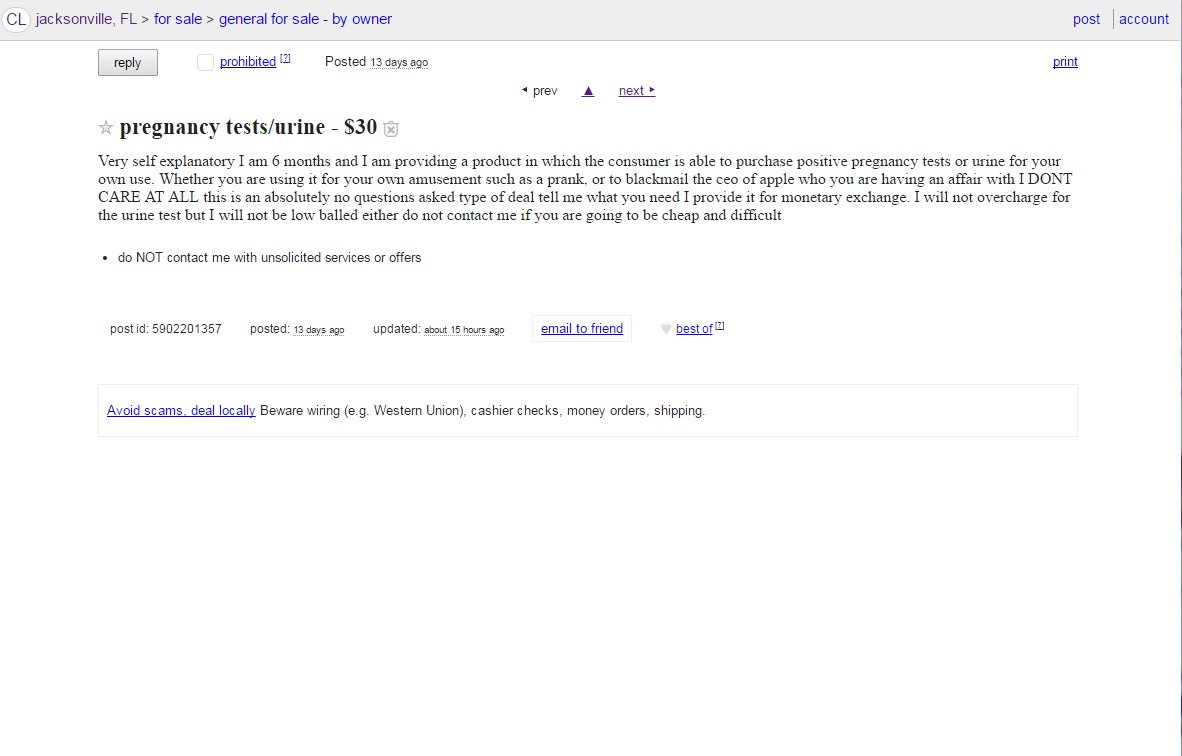 Woman sells positive pregnancy tests on Craigslist